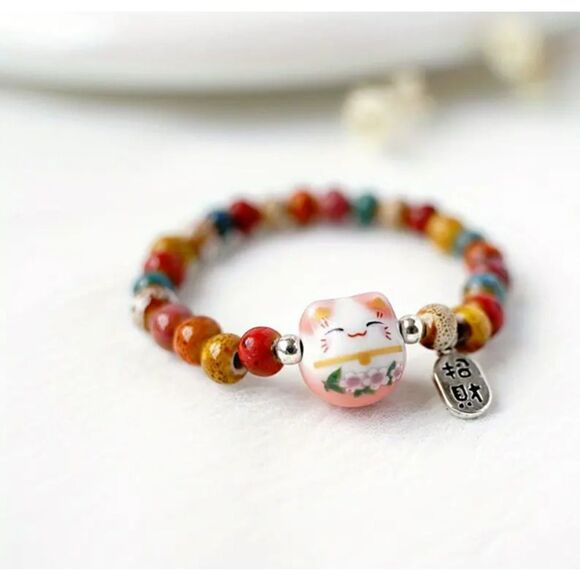 New! Lucky Cat Beaded Ceramic Bracelet in Pink - Picture 1 of 2